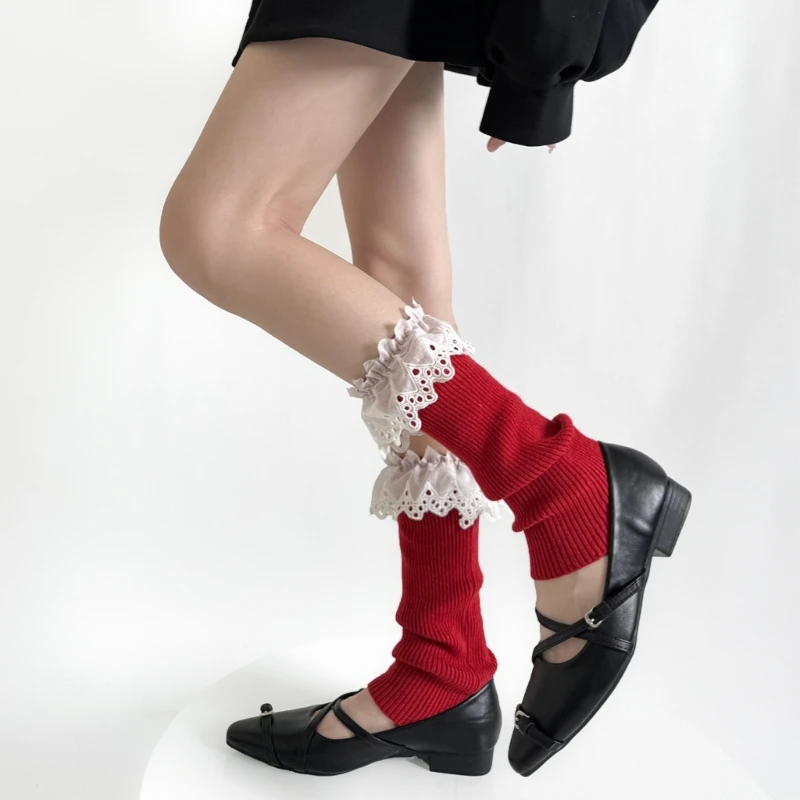 Women Ribbed Knit Ruffled Lace Trim Leg Warmers Colorful Gaiters Calf Socks