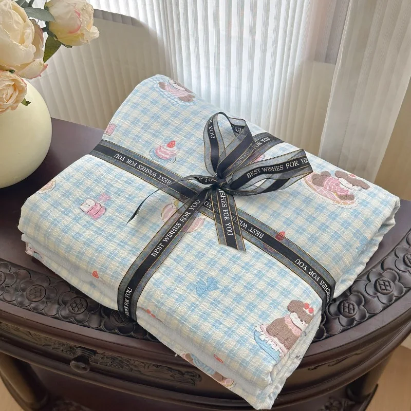 Class A washable aerobic double-layer yarn printing cloud wrinkle yarn four-piece set for home use