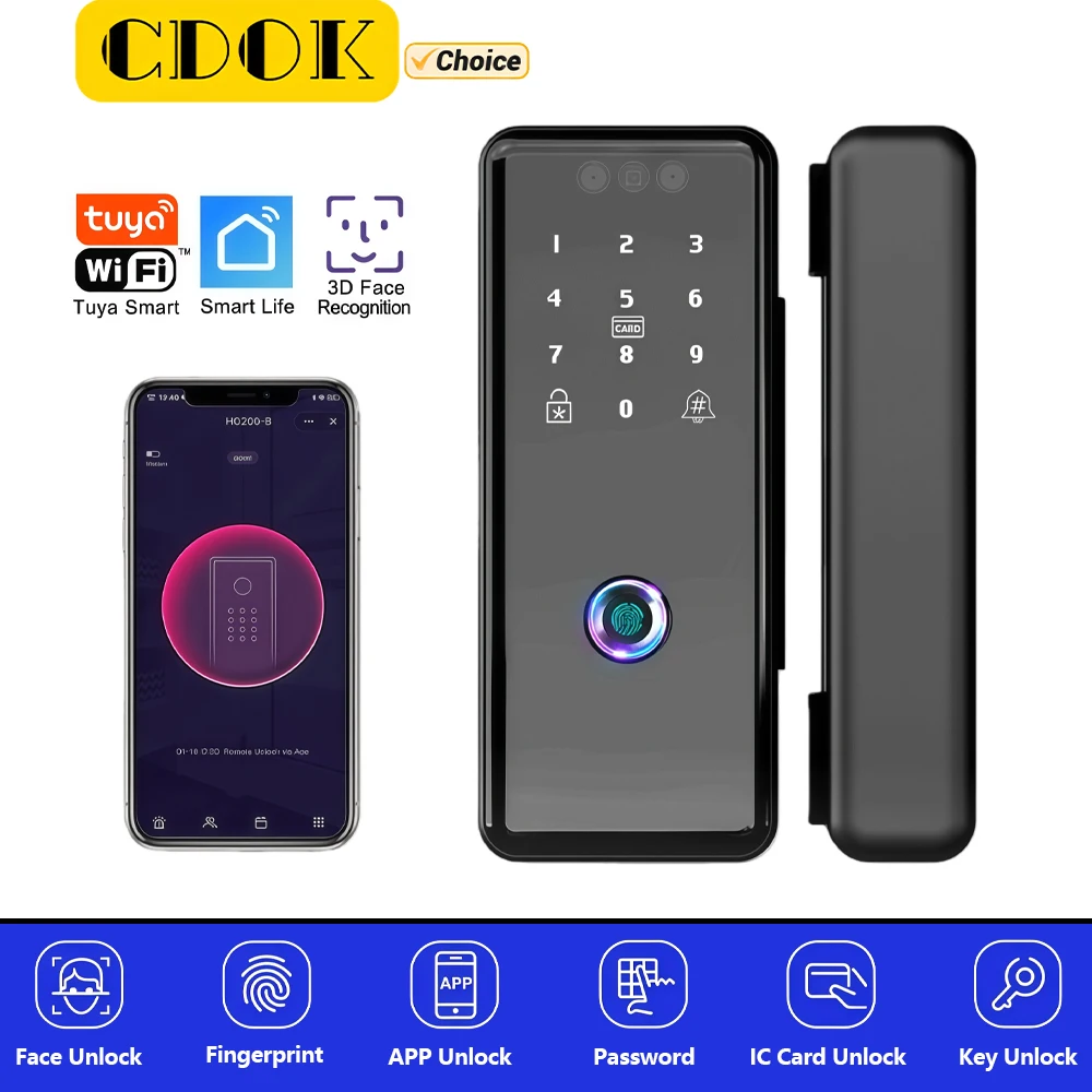 CDOK G9 Tuya WiFi Smart Lock, Password Lock, Glass Door Lock, Fingerprint Unlock, Face Unlock, Double/Single Door Opening