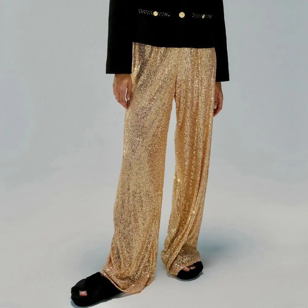 Women Pants Solid Color Sparkling Sequins Wide Leg Pants Casual Trousers Stage Dance Night Club Party Wear Pants