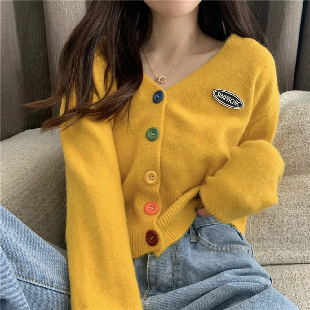 Colorful Button Cardigan for Women Long Sleeve Soft Skin-friendly Knitted V-neck Tops New Lovely Korean Style Students Letter