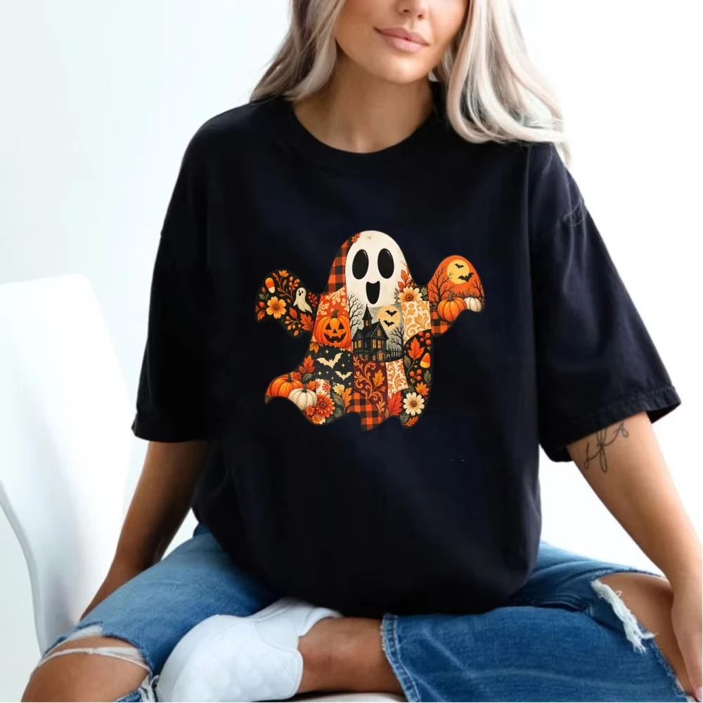 Patchwork Fall Ghost Unisex Tee Fashion Cotton Tops Quilted Halloween Streetwear Plaid Pumpkin Haunted House Detail Tshirt