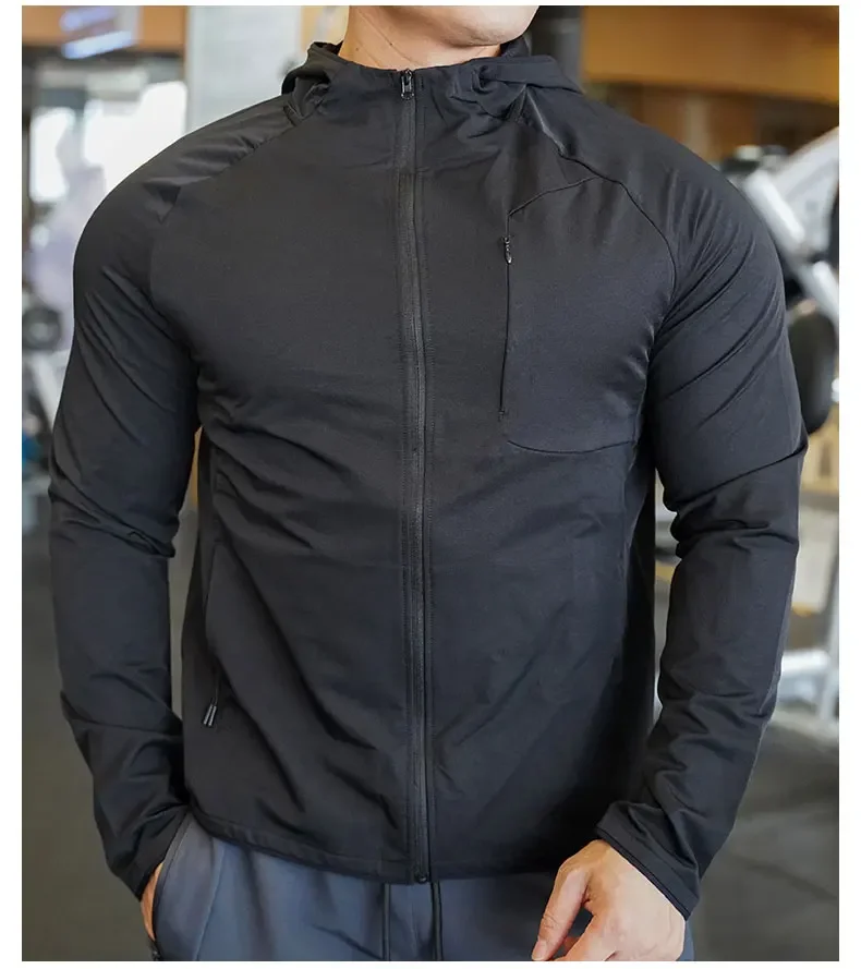 Hochwertiger Nylon-Sportmantel für Herren, Fitnessstudio, Fitness, Hoodies, Outdoor-Workout-Tops, Kapuzentraining, Laufen, Reißverschlussjacke, Kleidung – Detail 3