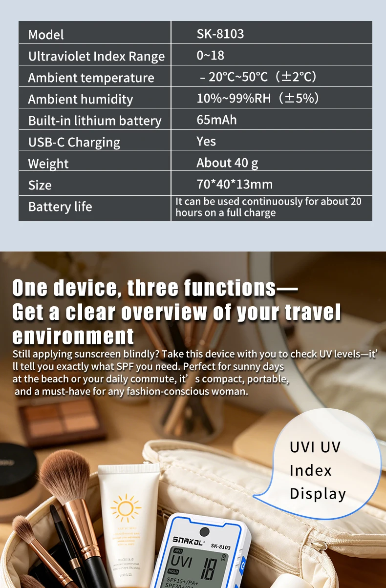 SNAKOL SK-8103 Digital UV Illuminometer Professional UV Light Meter Portable UV Tester Ultraviolet with Temp Humidity Display