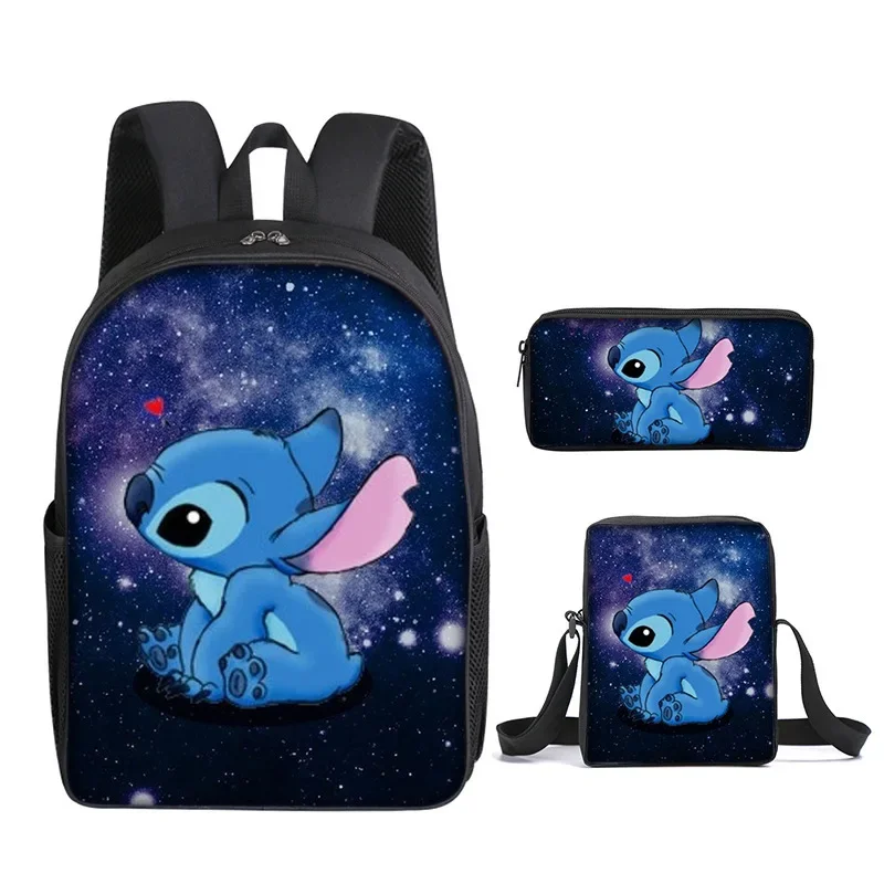 3PC-SET MINISO Disney New Stitch School Bag Primary School Student Print Cartoon Backpack Shoulder Bag Pen Case Set Mochila