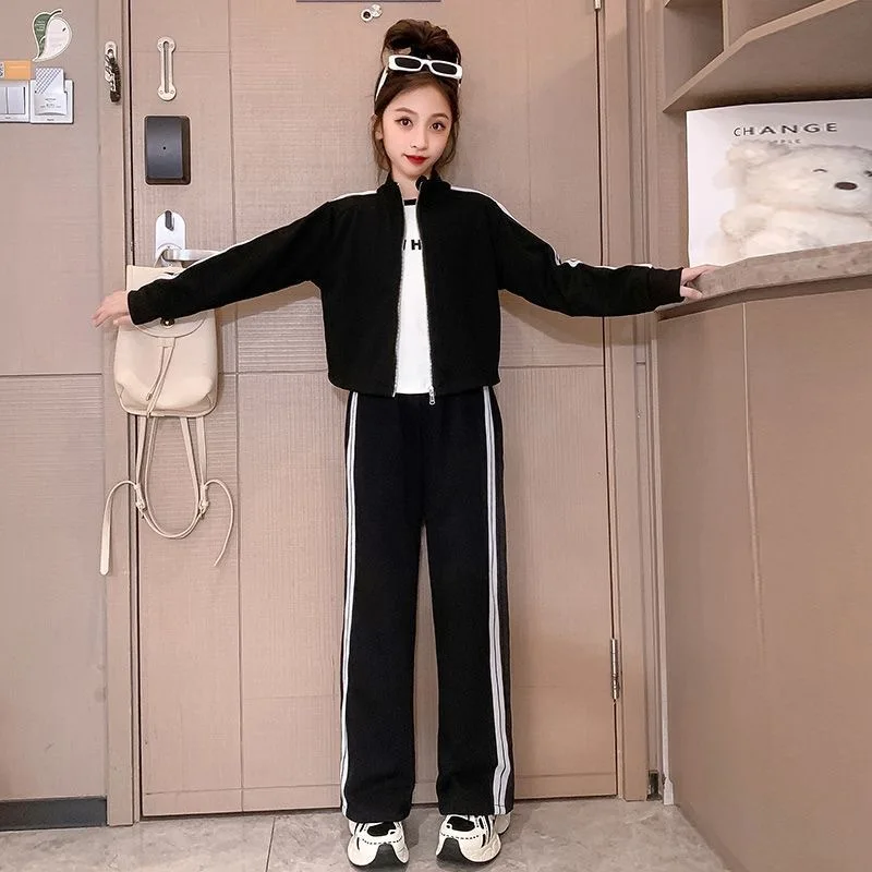 2pc/set 2026 autumn winter Girl Teens tracksuit slim zipper Jacket hooded + Straight striped pant child 4 5 7 8 10 12 14 15 year