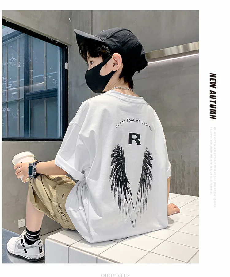 Neues Modisches Tween-Jungen-Sommer-T-Shirt mit Flügeln auf dem Rücken Kinder Teenager Kurzarm-T-Shirt Outfit Kinder Casual Streetwear Top – Detail 4