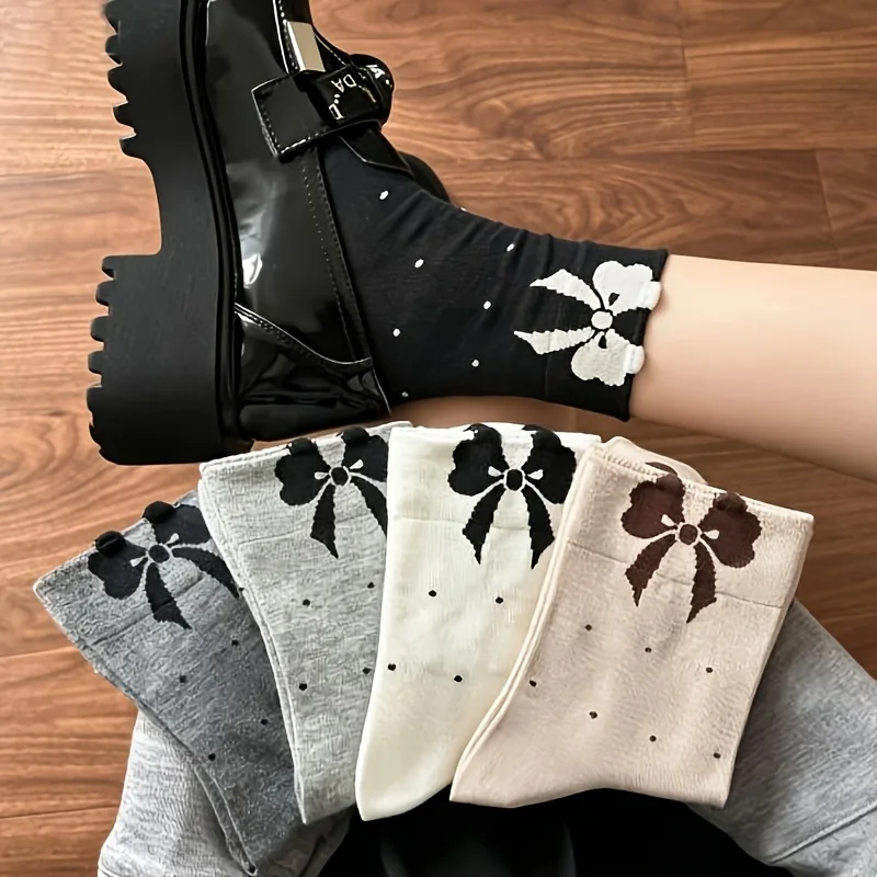 5-Pairs 2026 New Spring/Autumn Style Cute Bow with Small Shoes Mid-Calf Socks, Gray Bow Simple Versatile Slouch Socks