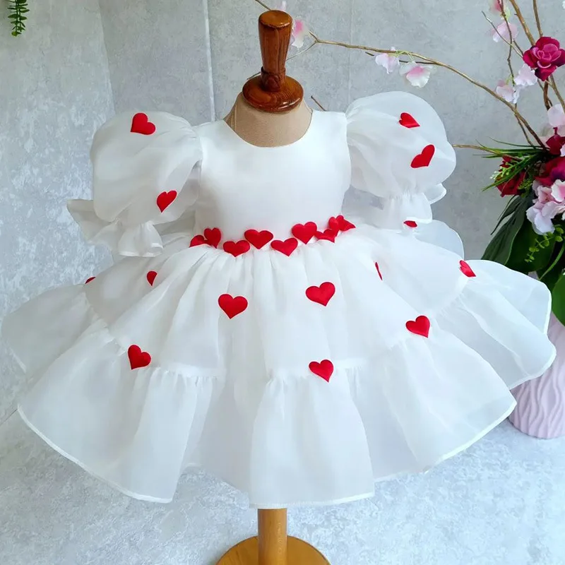 Girls Summer New Red Love White Bubble Sleeve Mesh Fluffy Dress Birthday Party Wedding Flower Girl Sweet and Cute Dress