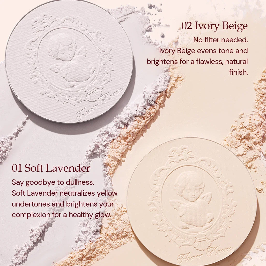 Flower Knows Polvere fissante opaca Cupido alla fragola Polvere per il viso con controllo dell'olio traslucido a lunga durata per sfocatura dei pori Finitura morbida