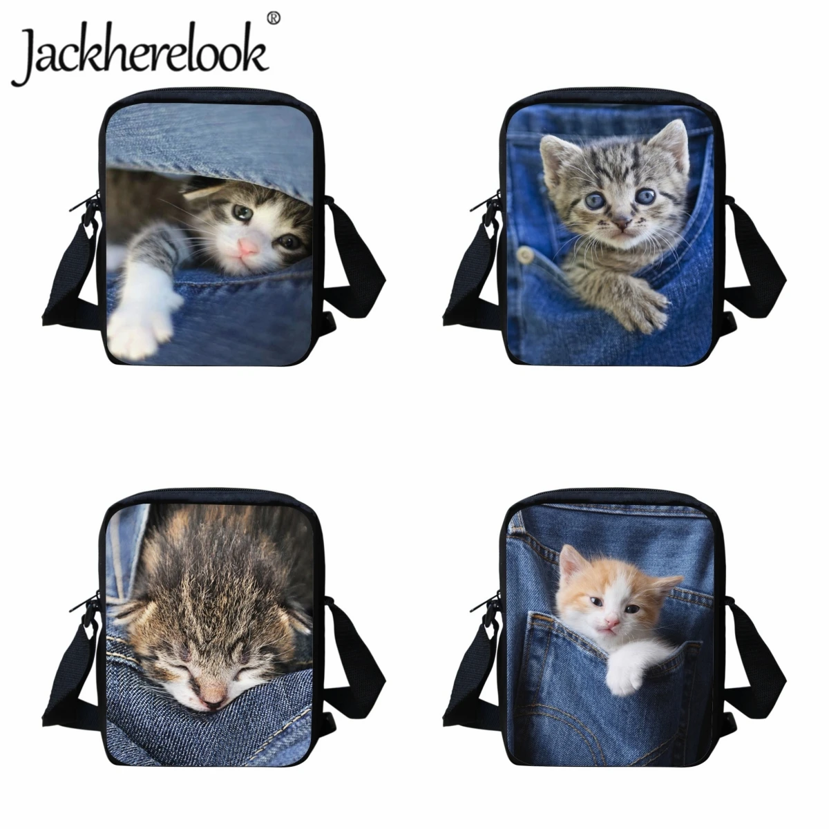 Jackherelook Lovely Crossbody Bags for Children Pocket Kitten Pattern Travel Bag Kids Casual Messenger Bag Fashion Shoulder Bag