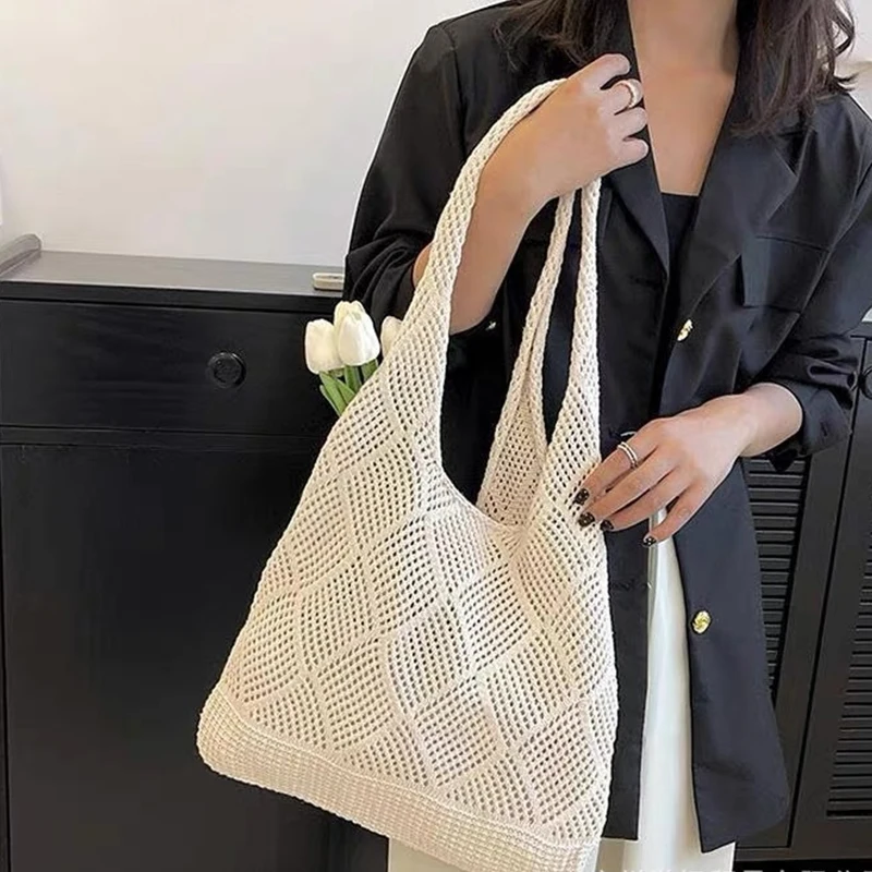 Neue Trend frauen Tasche Häkeln Handtasche Retro Gestrickte Einfarbig Hohl Top-griff Einkaufstasche Reise Shopper Schulter tasche – Detail 23