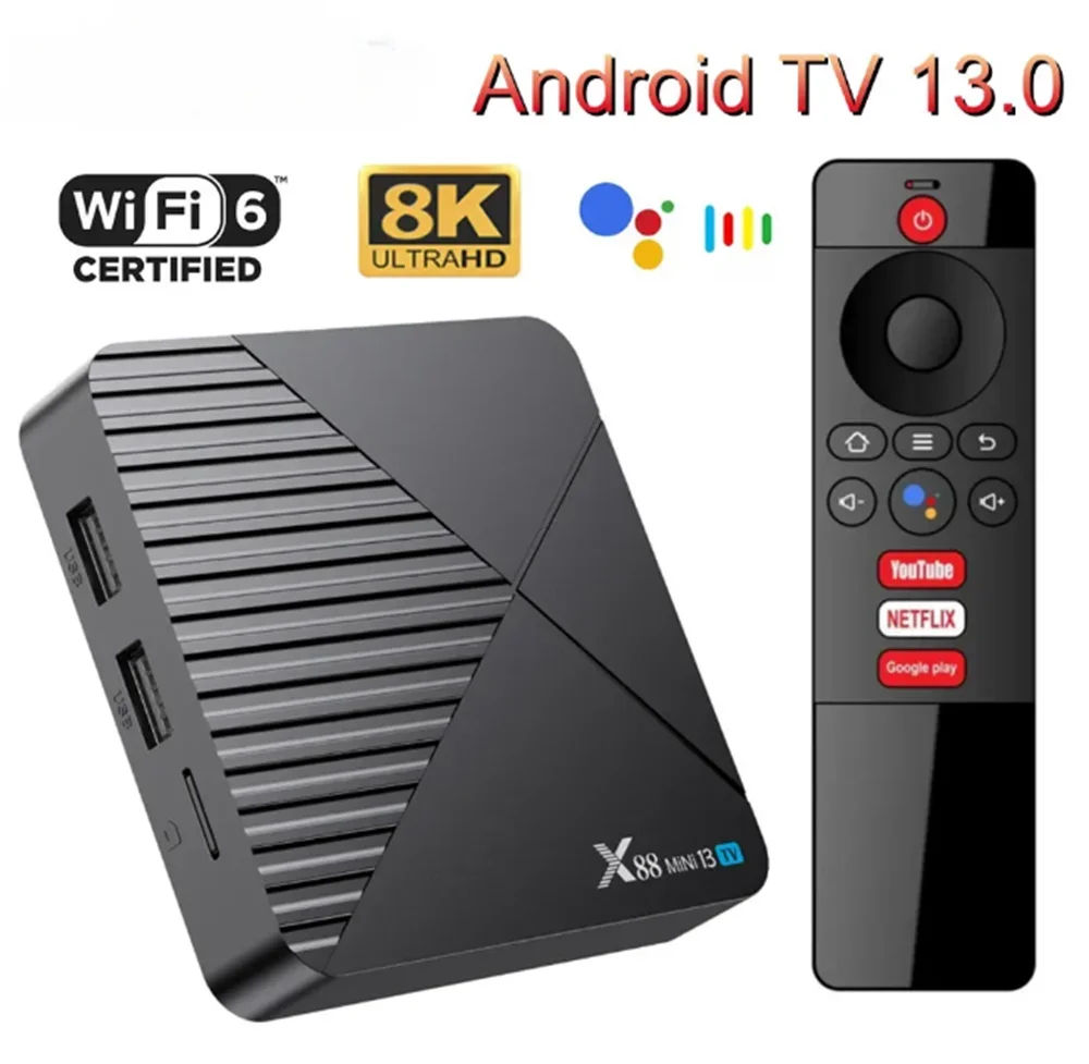 Android 13.0 X88 Mini 13 TV Box - RK3528 Quad Core, 2G/16G 4G/32G, 2.4G 5G Dual WIFI, H.265, 8K UHD,  Youtube Smart Media Player