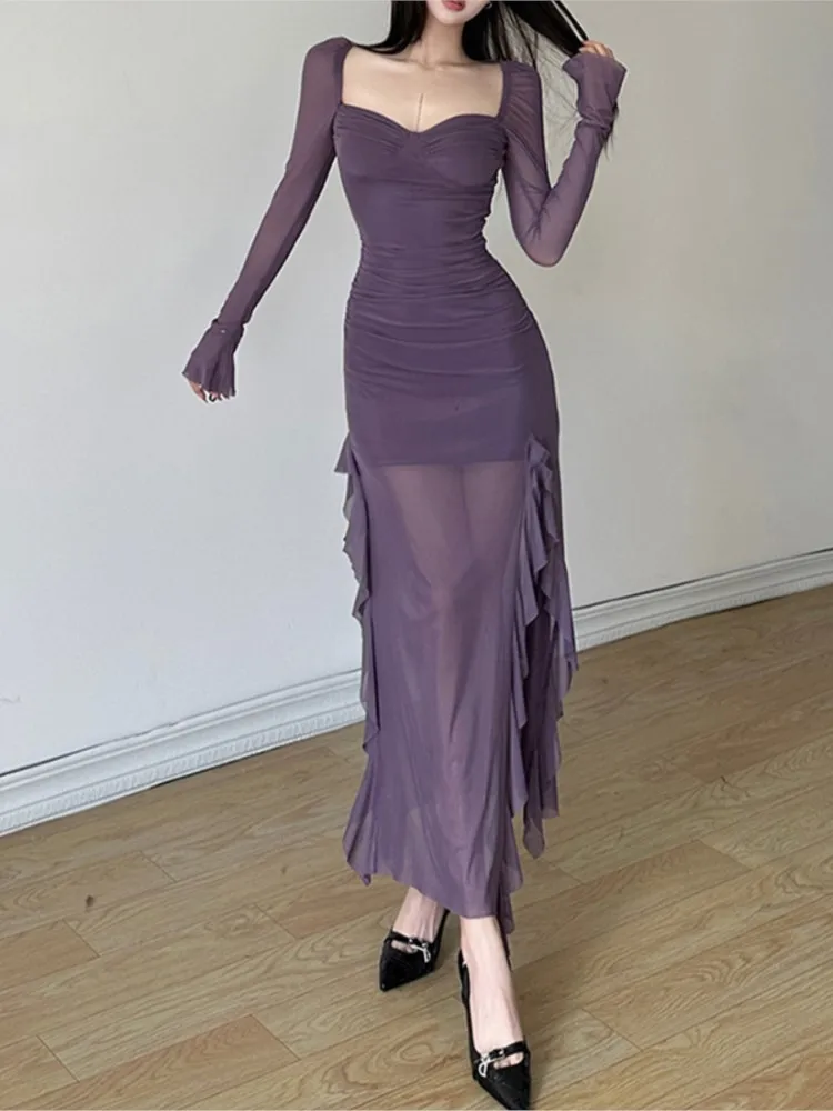 Fashion Trendy Party Mesh Dress Taro Purple Sexy Waist-fitted Design Women's Gown Irregular Splic Thin Long Dresses Vestidos