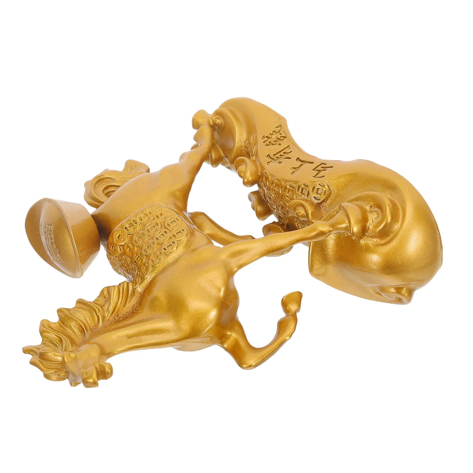 Chinese Zodiac Horse Statue Gold Alloy Standing Lucky Ornament with Golden Ingot for Wealth Feng Shui Home Office Decor Lunar