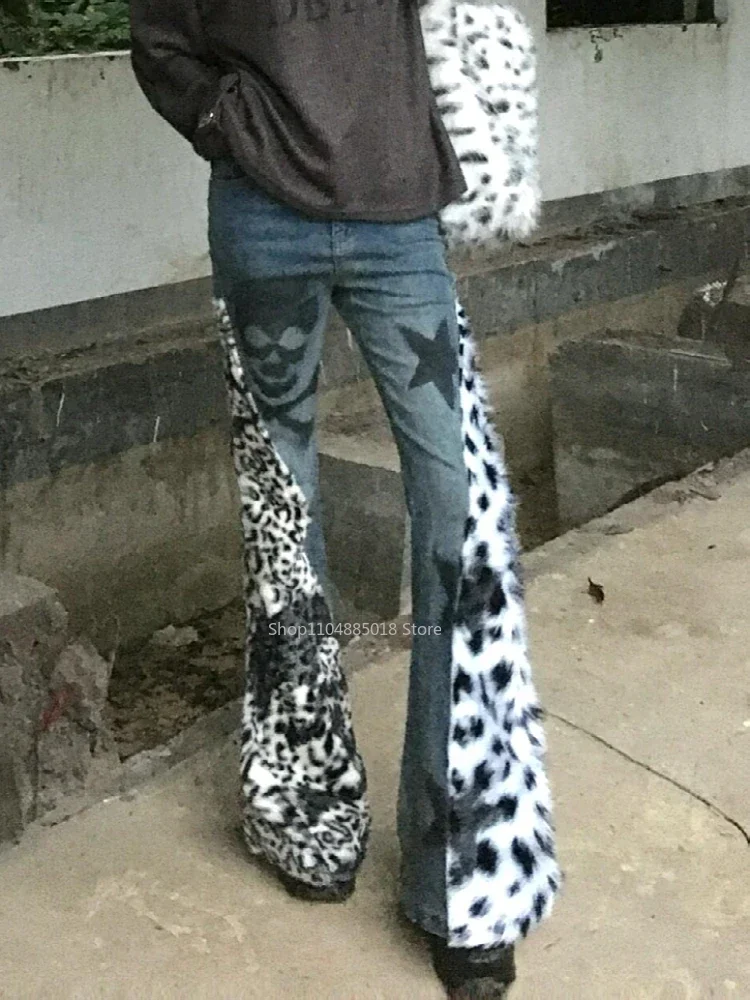 

Vintage Skull Leopard Star Print Flare Jeans Women Low Rise Grunge American Retro Denim Pants Harajuku Slim Trousers Pantalones