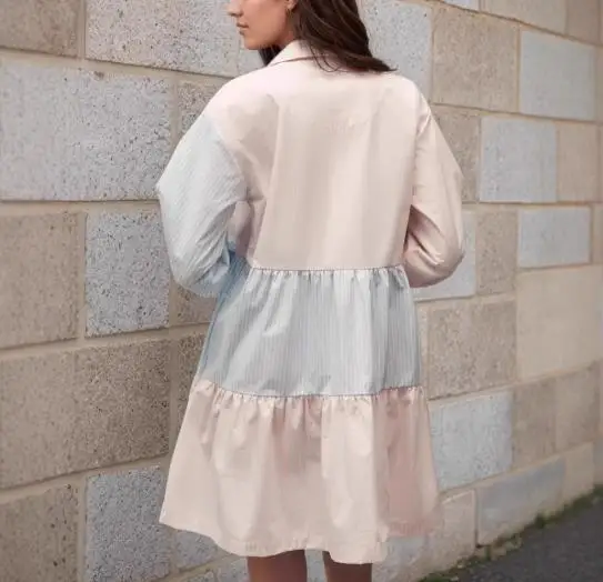 

Fresh Pink Blue Contrasting Striped Loose Patchwork Shirt Dress Casual Comfortable Fit Women's Clothing