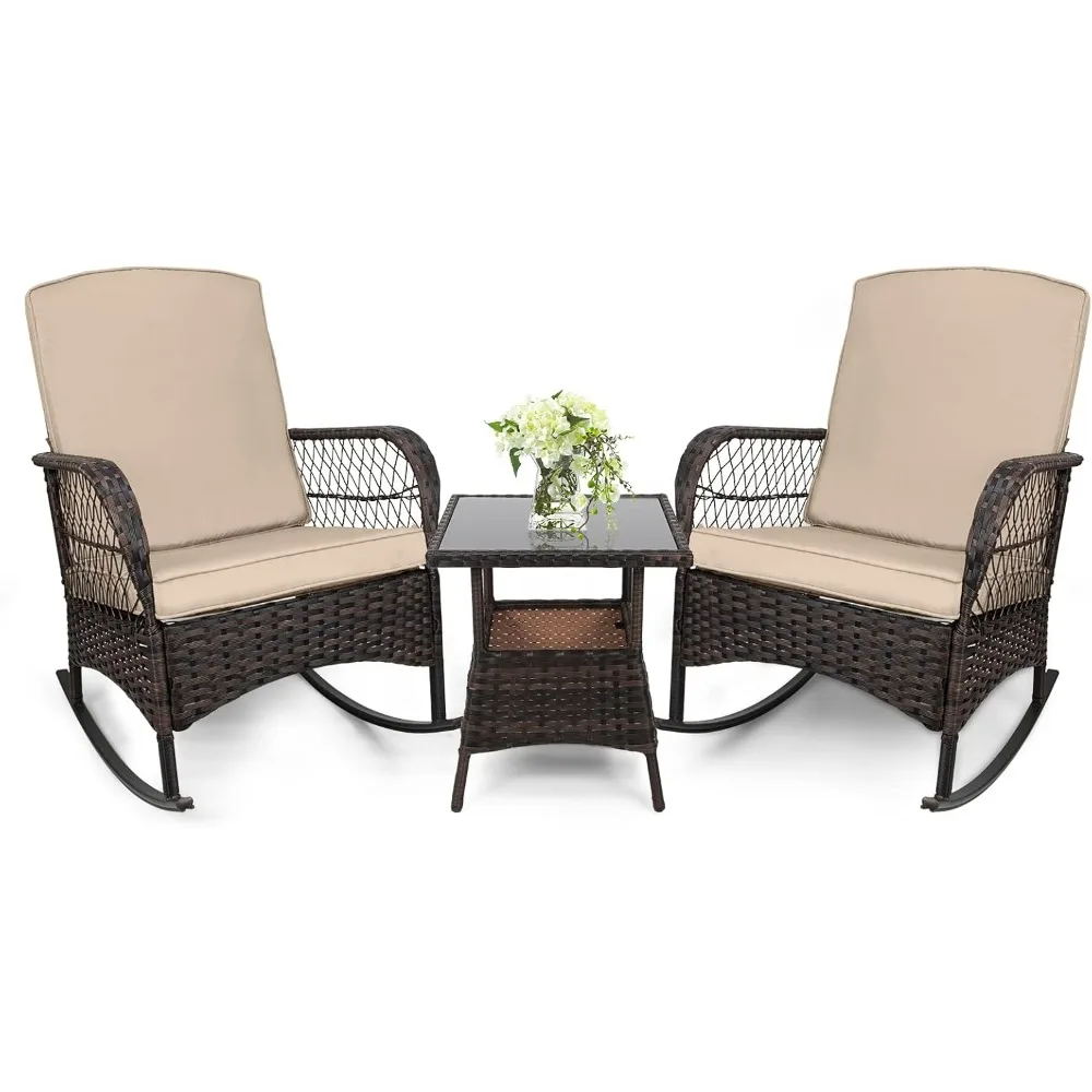 3 pcs Rocking Bistro Set Conversation Chairs PE Wicker Outdoor Rocking Chairs