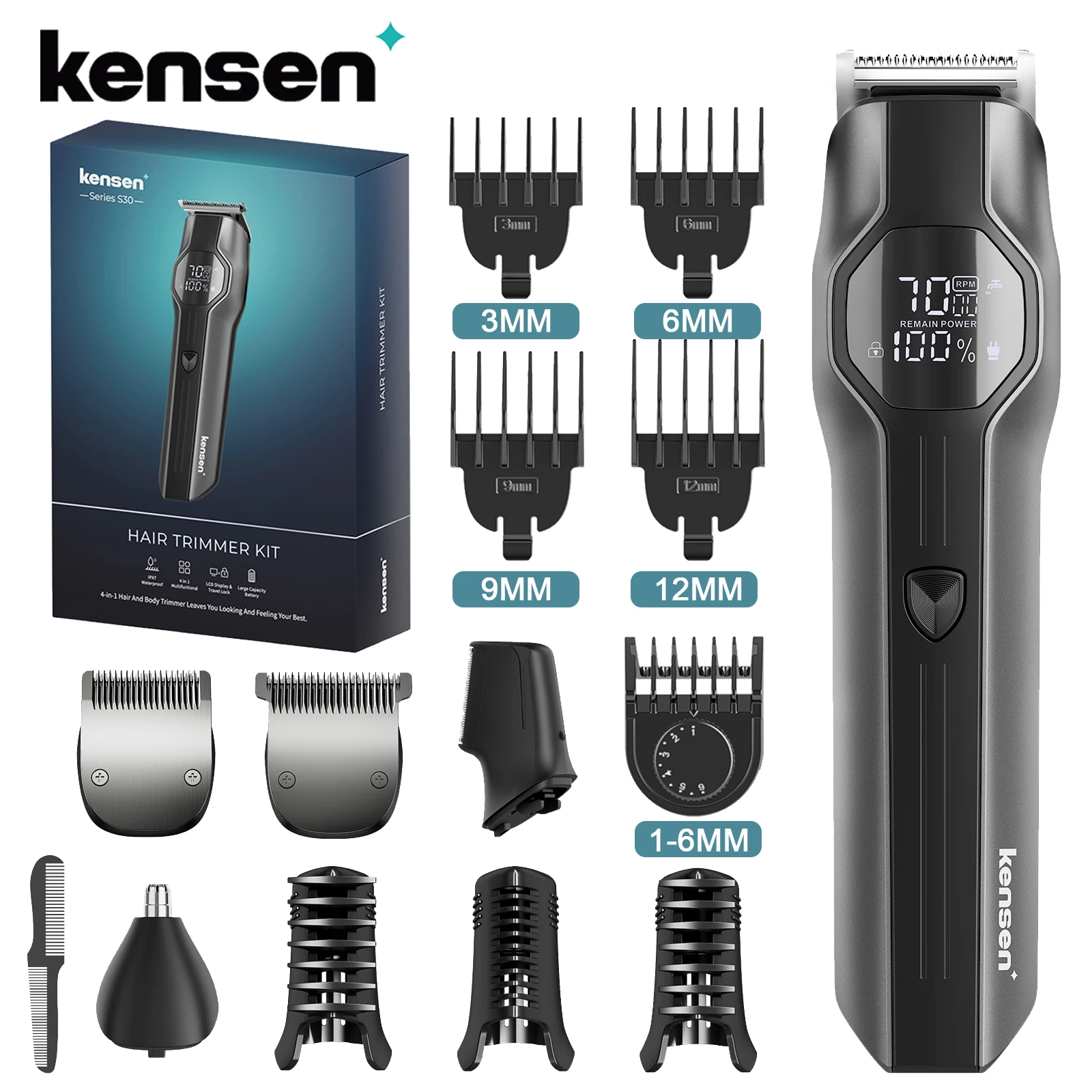 Kensen S30 4 in 1 Cordless Hair Clipper LED Display Men Beard/Nose Trimmer Rechargeable Barber Grooming Kit Hair Cutting Machine