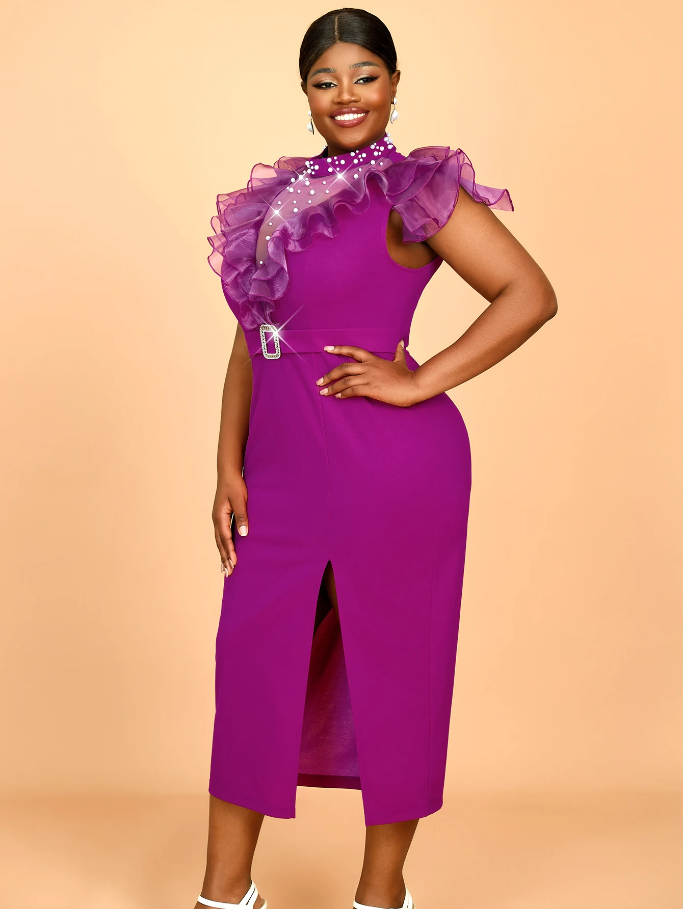 

Purple Red Splicing Mesh Off Shoulder Beaded High Slit Bodycon Dresses Elegant Women Party Dress