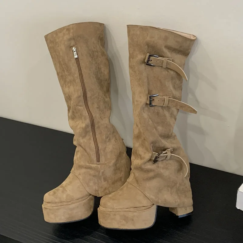 

Eilyken Vintage Style Platform Buckle Strap Women Knee-High Boots Fashion Chunky Square High Heels Zipper Ladies Shoes