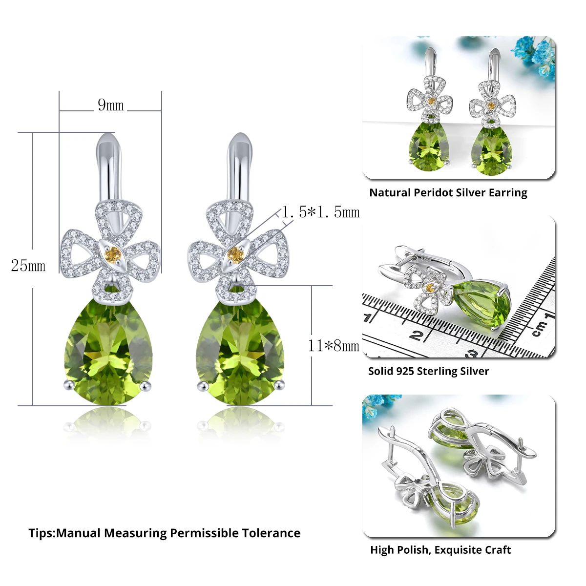 Natural Peridot Solid Sterling Silver Hoop Earring 5.2 Carats Genuine Gemstone Women Romantic Style Fine Jewelrys Decorations