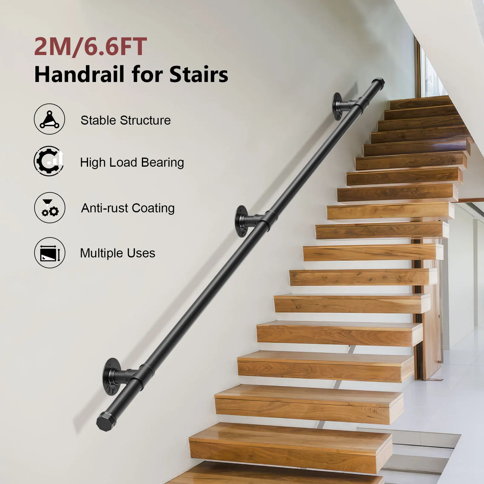 Wall Mounted Stair Handrail 1.5m Stair Anti-Slip Handrail Metal Seniors Grab Bars Metal Railing For Indoor Outdoor Use For Flats