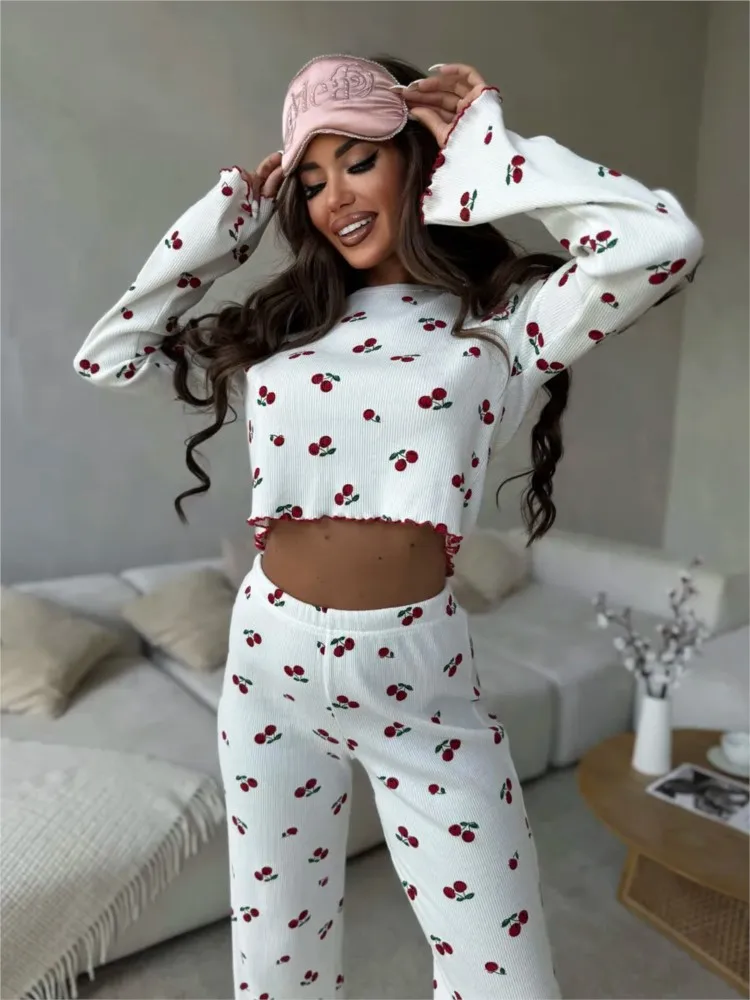 Pigiama Set a due pezzi per donna Stampa moda O-Collo Maniche lunghe Top Pantaloni lunghi Abito Primavera Autunno Donna Casual Nighty Outfit