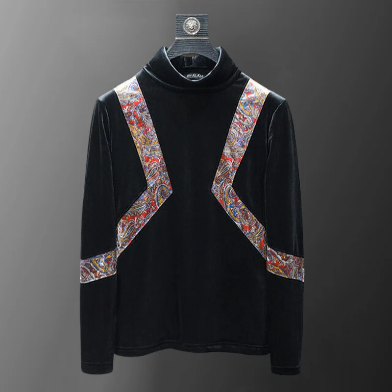 

Luxury Ethnic Print Patchwork Men T Shirt Turtleneck Velvet Tshirt Men Autumn Winter Long Sleeve Stripe Sleeve Undershirt Men