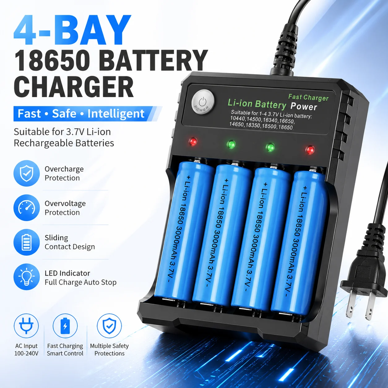 18650 Battery Charger Black 4 Slots AC 110V 220V Dual For 18650 Charging 3.7V 4.2V Rechargeable Lithium Battery 4 Ports Charger
