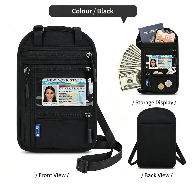 Rfid-Blocking Travel Wallet With Adjustable Strap Nylon Material Zippered Compartments For Storing Cash Credit Cards Documents