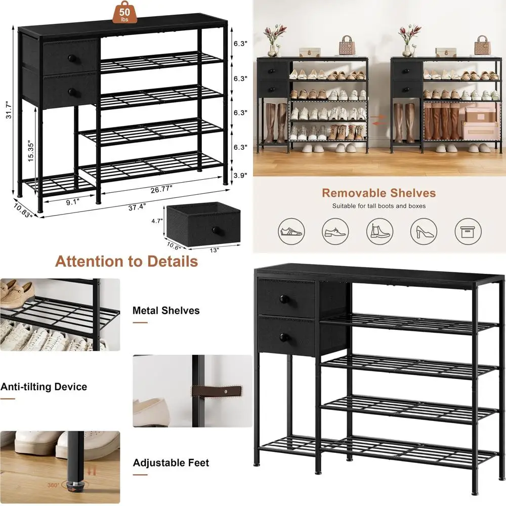 

5-Tier Fabric and Metal Shoe Rack Organizer for 16-20 Pairs, Wooden Board Storage Solution for Boots and Shoes, Ideal for Entryw