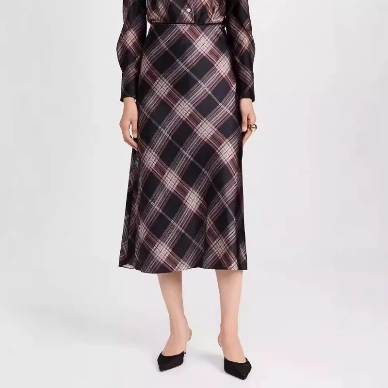 Vin @ Plaid Skirt for Women, Retro Style, Slightly Elastic, Long A-line Skirt, Slimming Off, Autumn, New Style, 2024