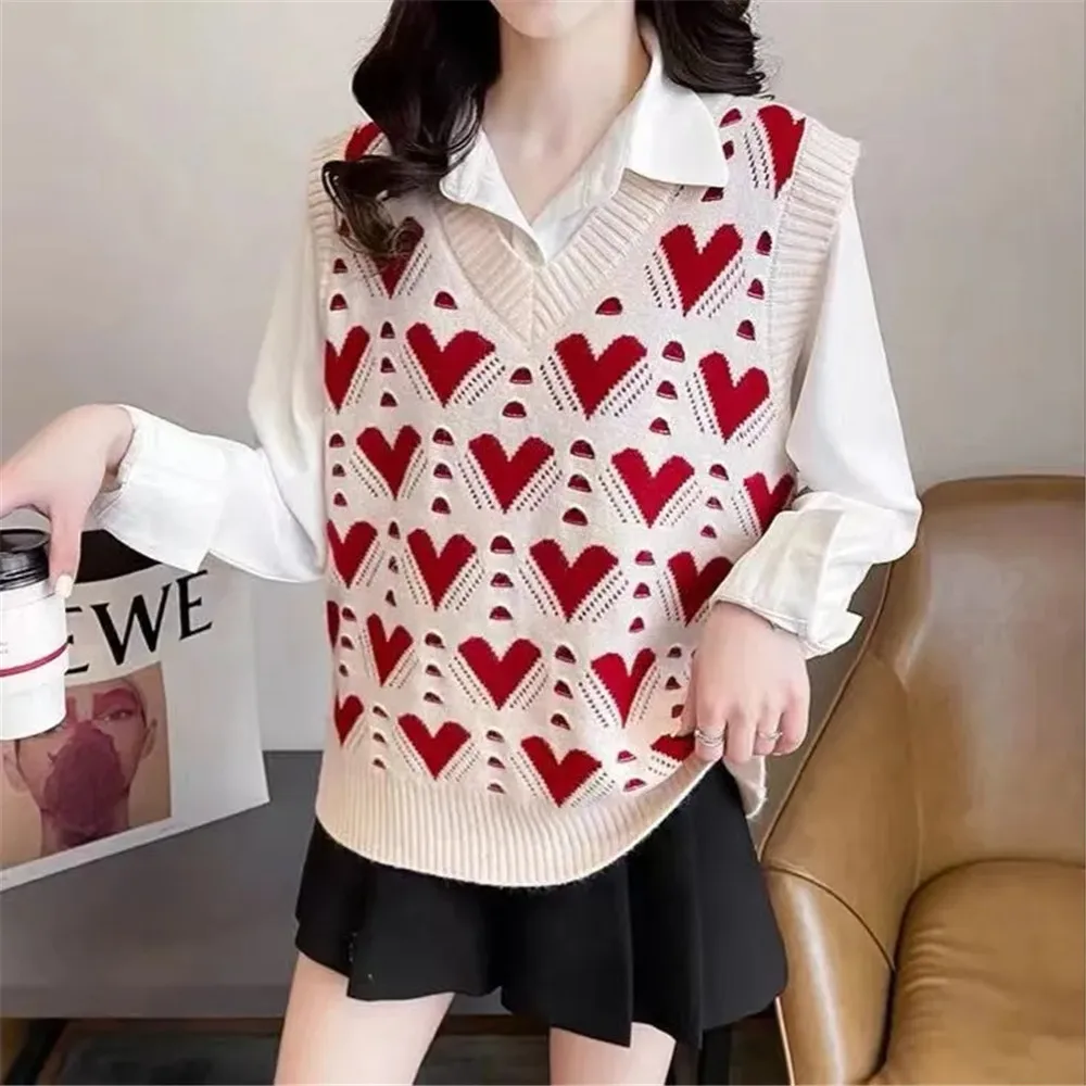 Gilet maglione lavorato a maglia per donna primavera autunno nuova moda di grandi dimensioni scollo a v senza maniche impiombato cuore