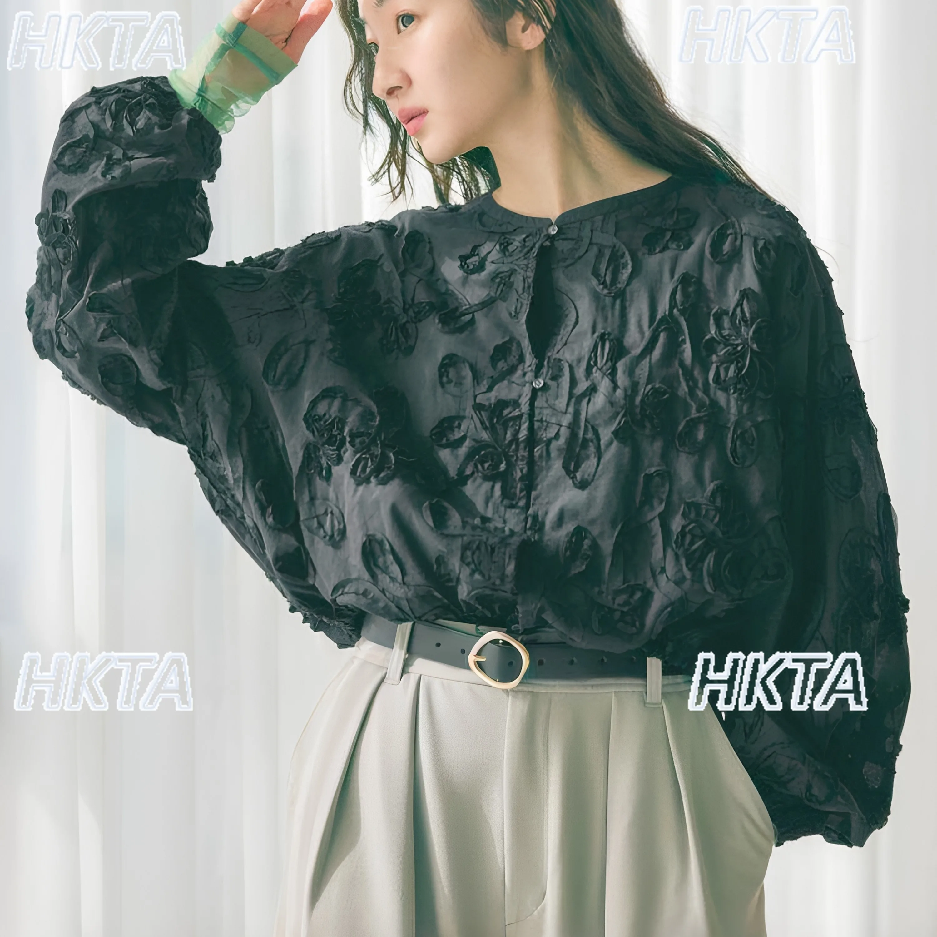 Japanese Loose Round Neck Long Sleeved Shirt Summer New Sweet Three Dimensional Jacquard Drawstring Short Blouses Jacket Women