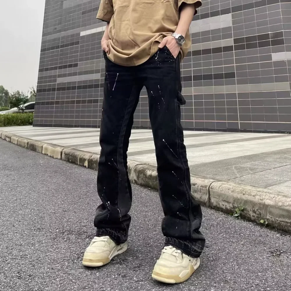 

Men Jeans Elastic Waist Flare Pants Men Loose Wide Leg Casual Suit Pants Streetwear Trumpet Trousers Y2k Pantalones Hombre