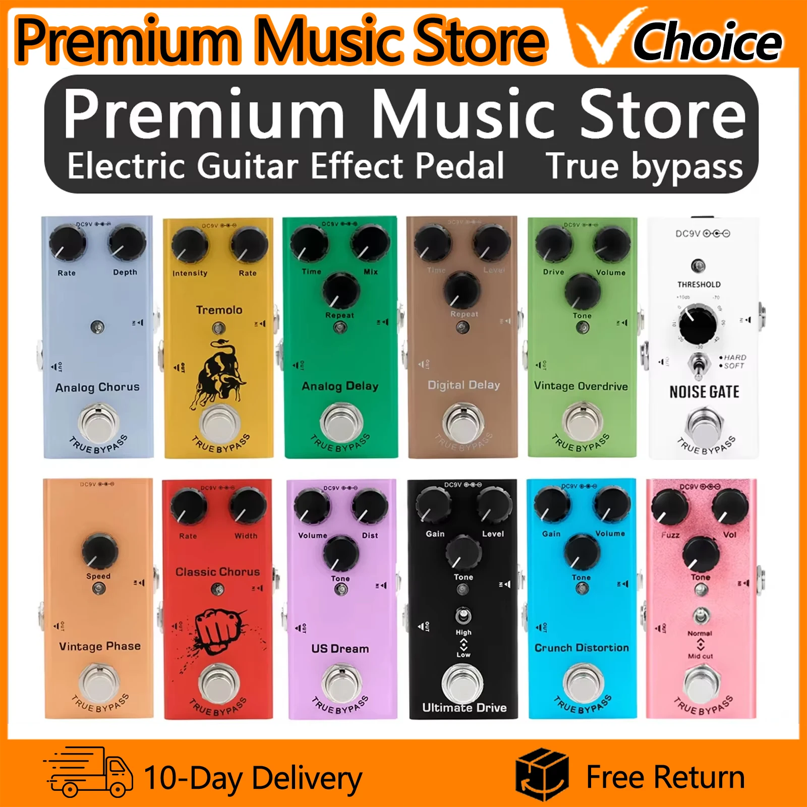 E-Gitarren-Effektpedal Vintage Overdrive/Distortion Crunch/Distortion/US Dream/Classic Chorus/Vintage Phase/Digital Delay