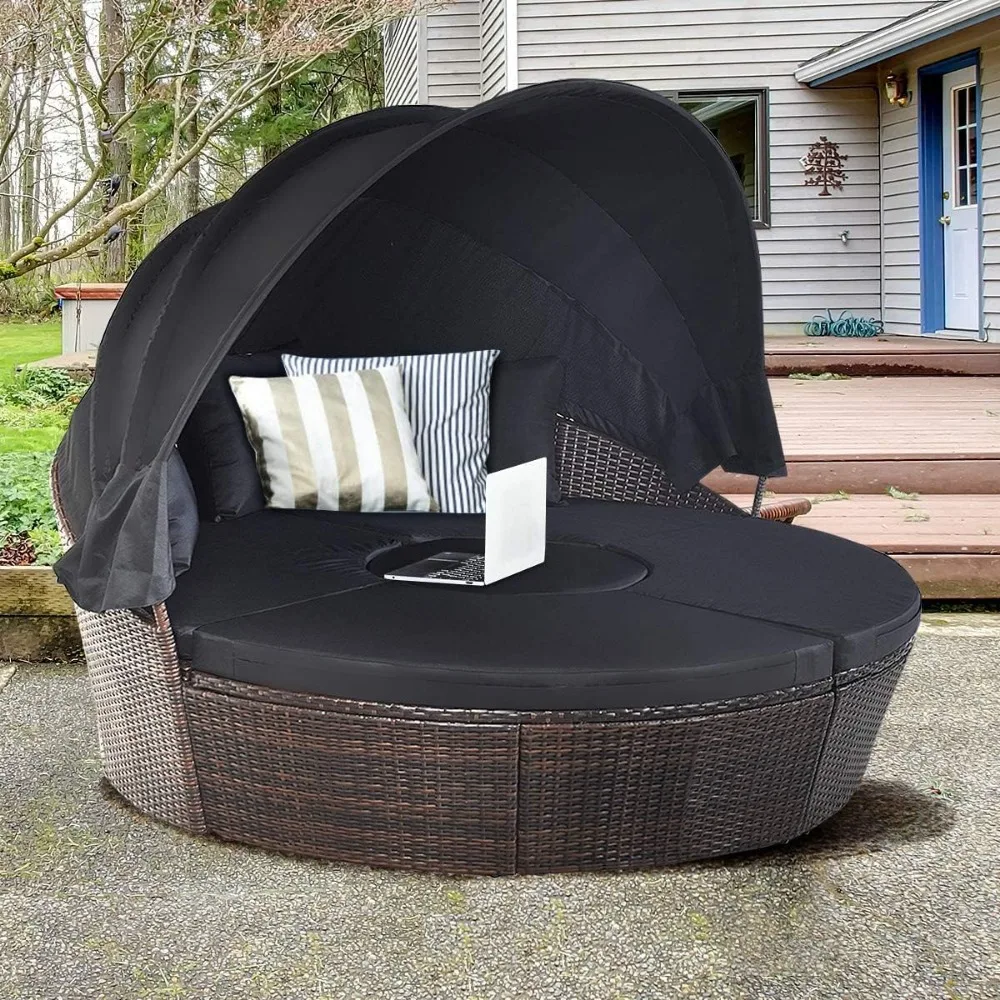 Patio Daybed with Canopy Outdoor Furniture Set Sofa Set Rattan Wicker Round with Soft Cushions Coffee Table for Patio Backyard