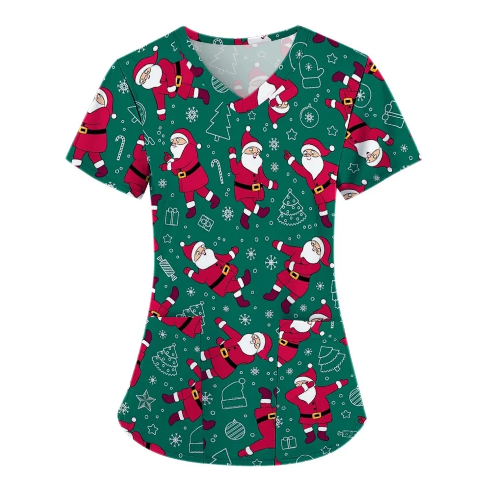 New Christmas Women Nursing Scrubs V-neck Pocket T-shirt Scrubs Uniforms Clothing Plus Size Tops Short Sleeve Santa Claus Tops