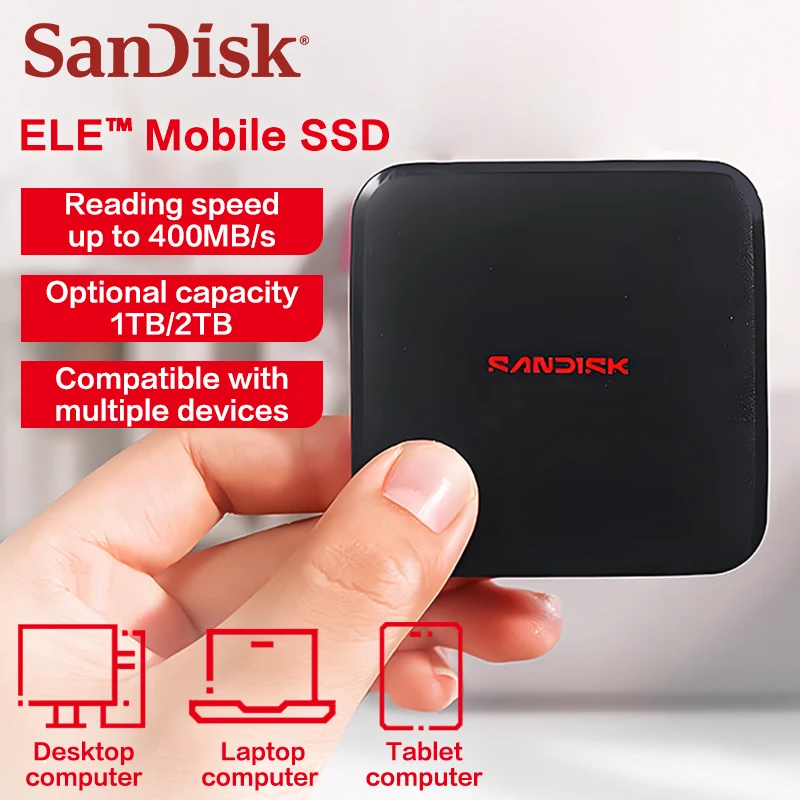 Original SanDisk ELE E11 Portable External SSD 1TB 2TB Solid State Drive Type-C USB 3.2 400MB/s High Speed Slim for Laptop Phone