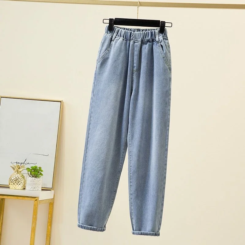 بنطلون جينز نسائي بخصر مرتفع مرن مقاس كبير، تصميم صيفي جديد نحيف بطول تسعة أرباع، بنطلون واسع الساق #1