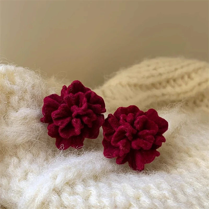 Temperament Winered Flocking Camellia Flower Stud Geometry Earring Jewelry Christmas Girl Friend Gift image 2