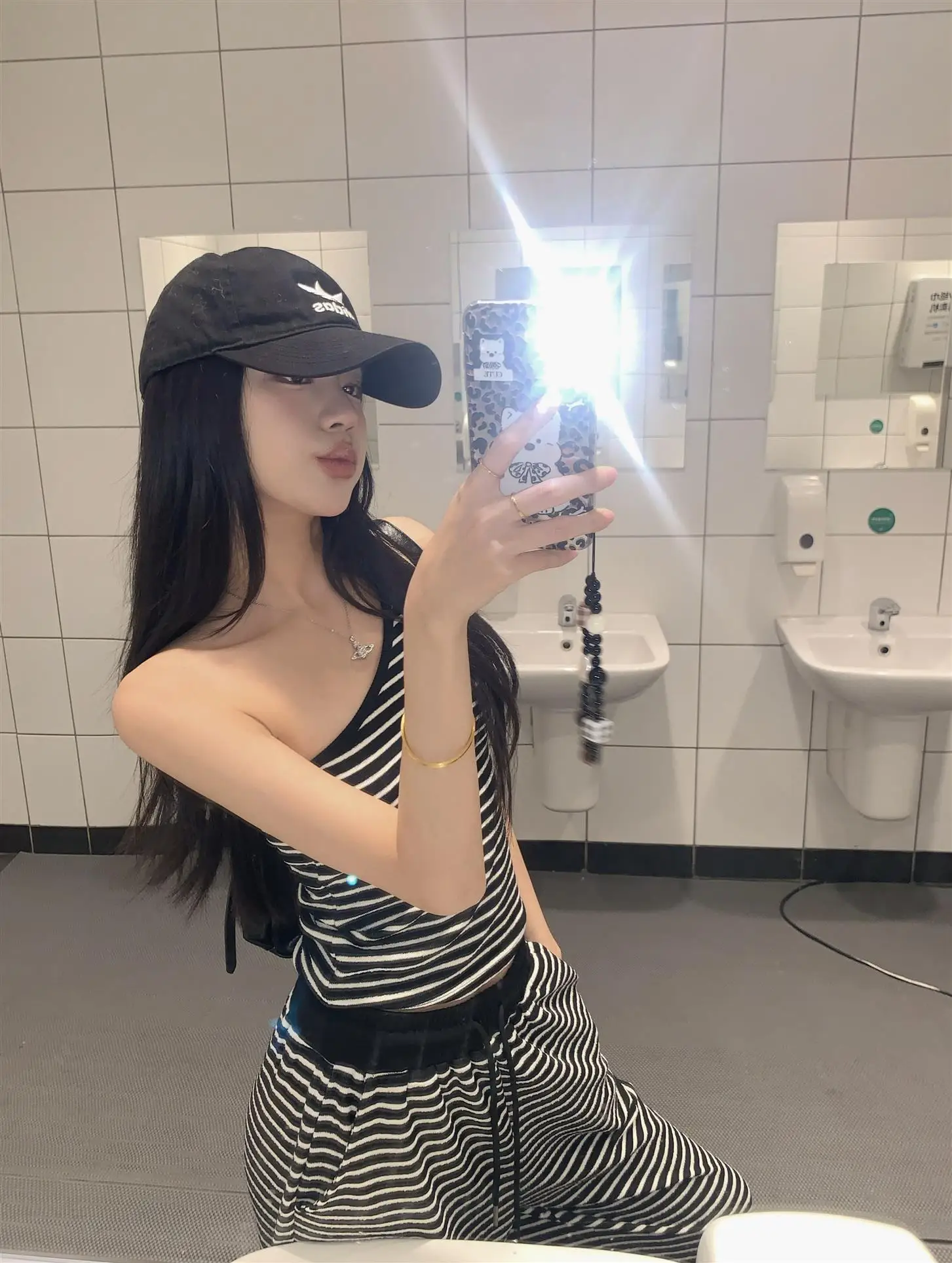

Casual Stripe Two-Piece Set Irregular Shoulder Strap Vest Women Summer Wide Leg Pants Long Pants Short Style Student School U...