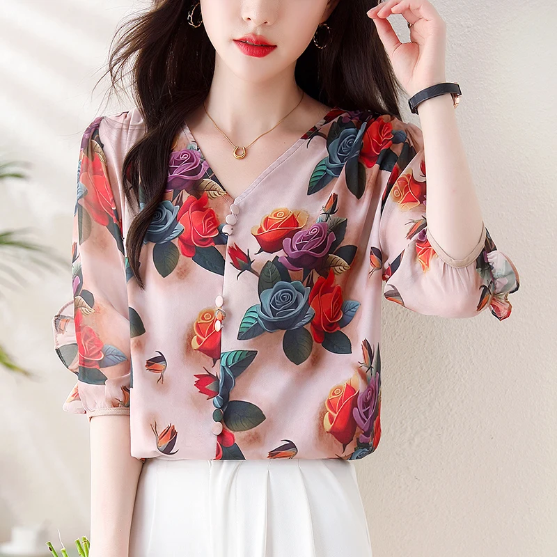 2024 New Autumn Women Tops New Fashion Silk Chiffon Blouse V-neck 3/4 Sleeve Casual Ruffles Floral Printed Shirt