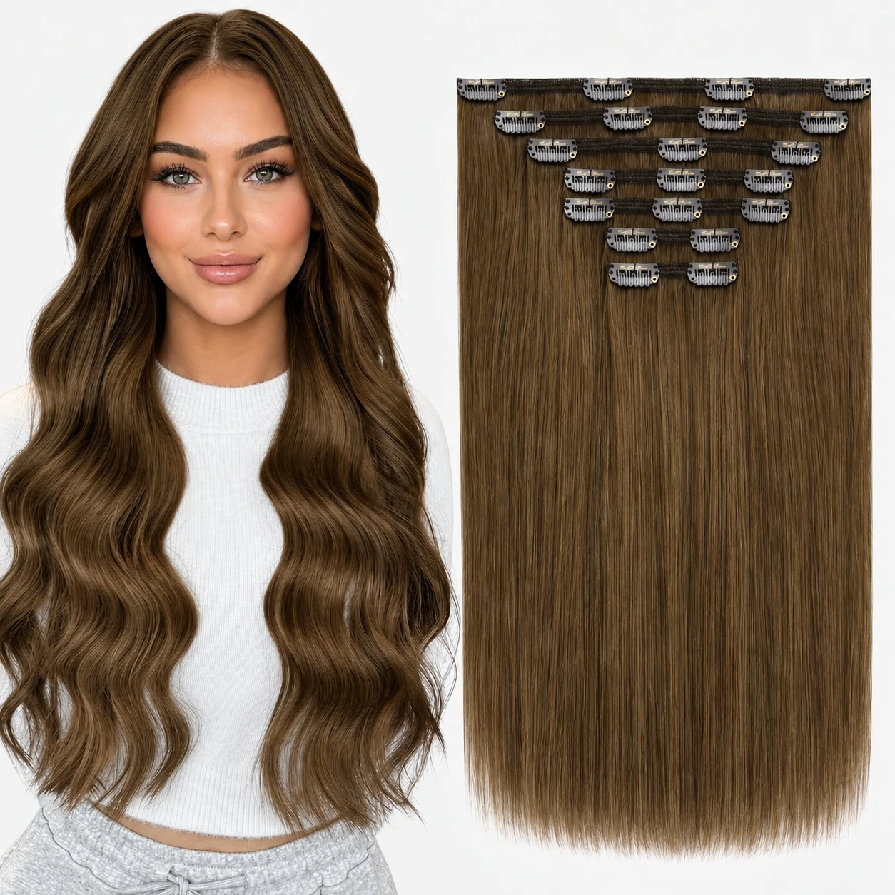 Full Shine Clip on Human Natural Hair Extensions 7 Pcs Double Weft Clip in 100% Real Human Hair for Women