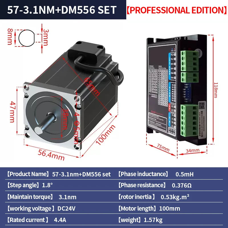 

57 Stepper motor set 57BYGH100 torque 3.1N.M length 100MM+DM556 driver 4.0A for 3D printers