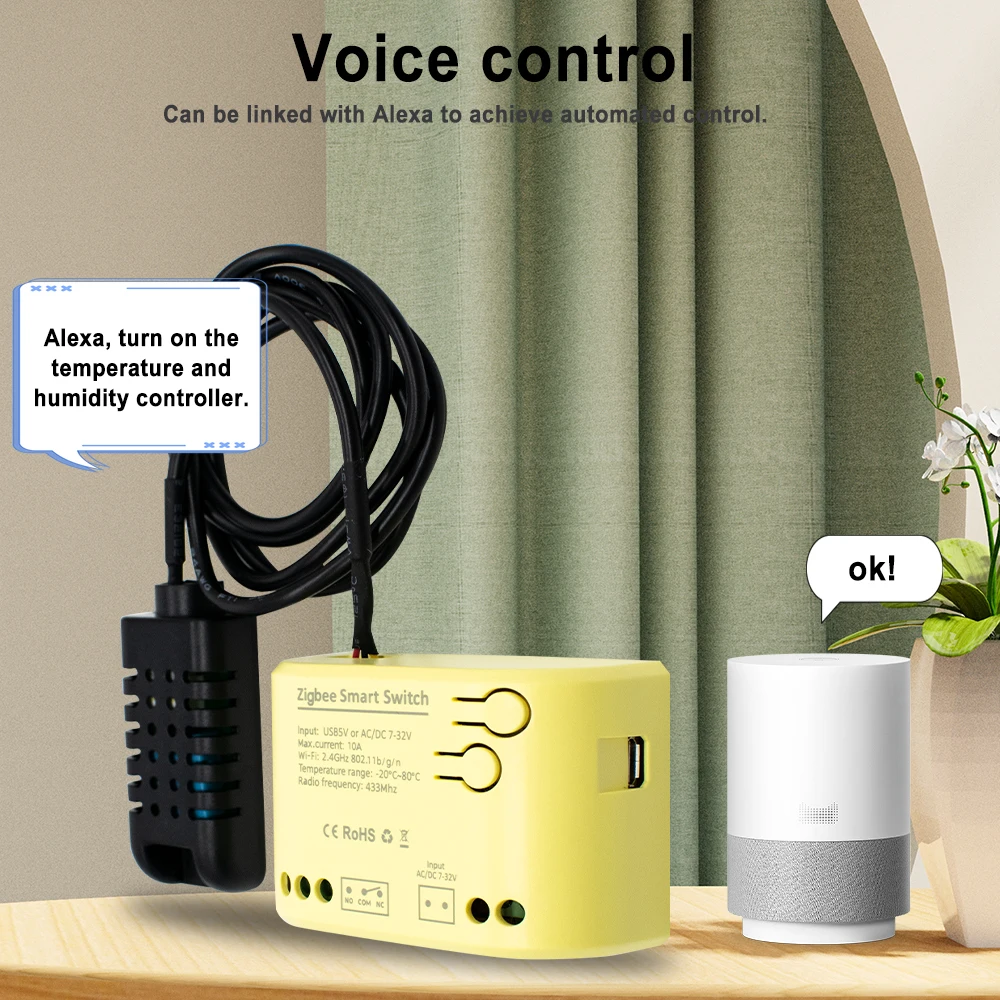 Zigbee sensor de monitoramento de temperatura e umidade ac DC7-32V 5-250v tuya módulo de interruptor inteligente 433 rf relé de controle remoto alexa