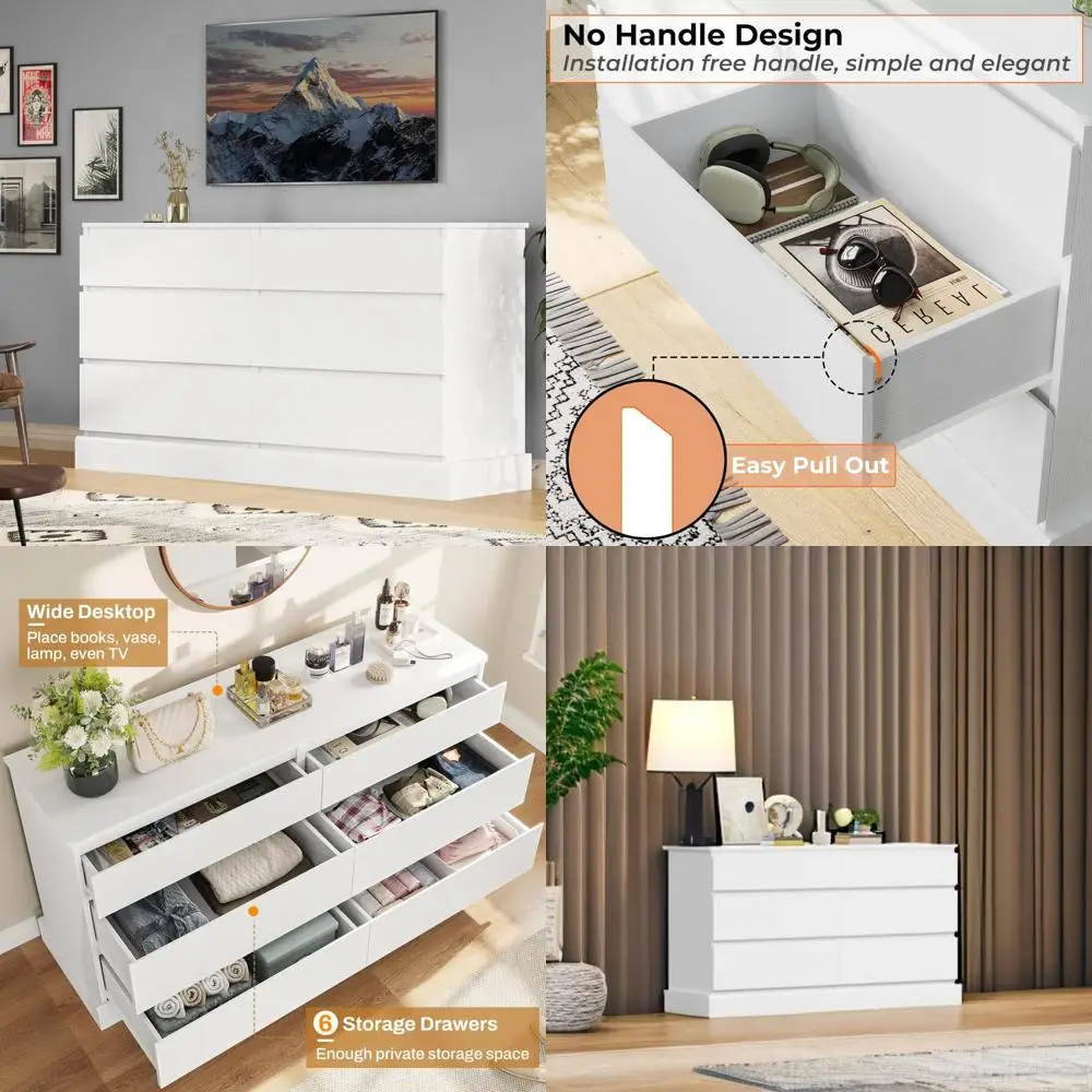 

Широкий белый деревянный комод с 6 ящиками для хранения одежды