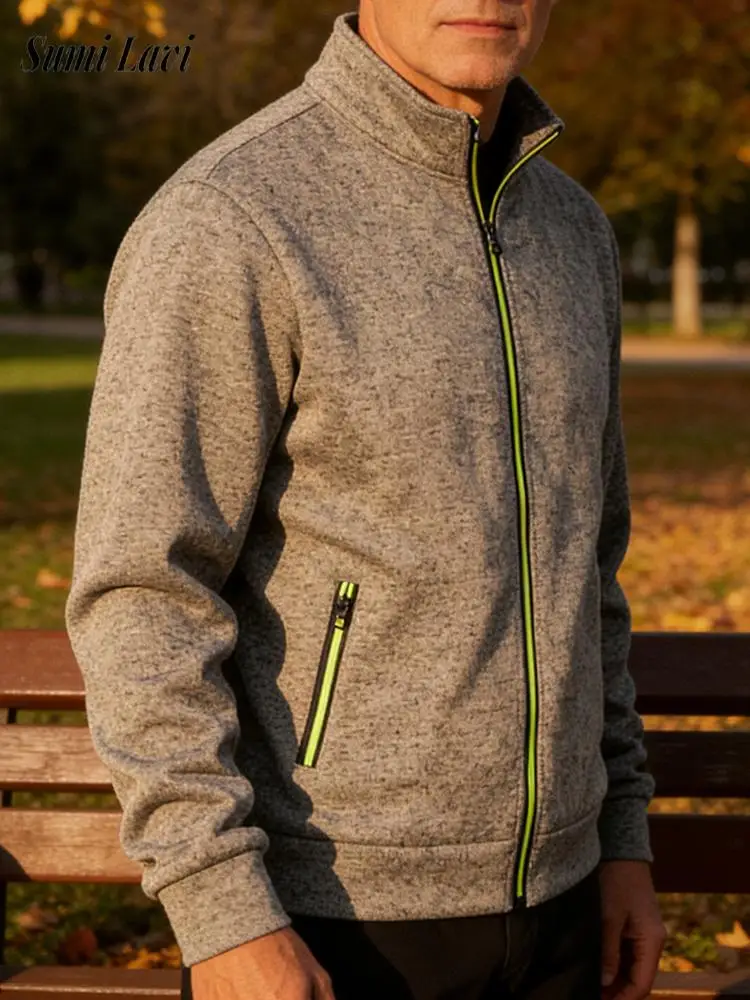 

2026 Spring Fall Casual Mens Jacket Sweatshirts Vintage Solid Color Stand Collar Zip-up Cardigan Tops Men Trendy Slim Outerwear