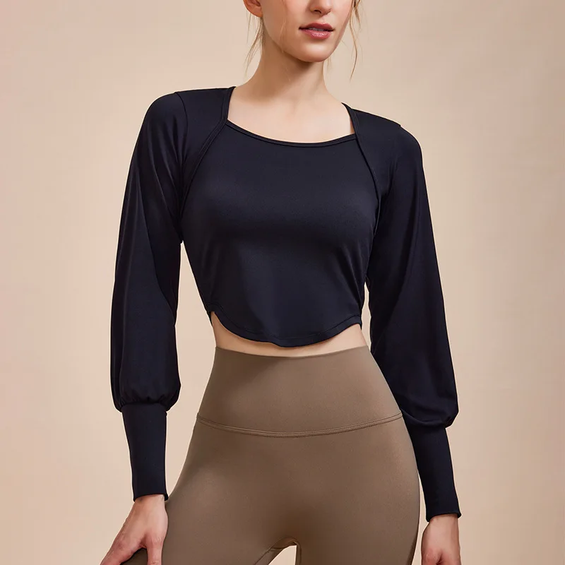 Chemises de yoga à manches longues pour femmes, style cour française, chemises de sport, mince, course, PVD, filles, ourlet incurvé, gymnase, fitness, chemisier en Y